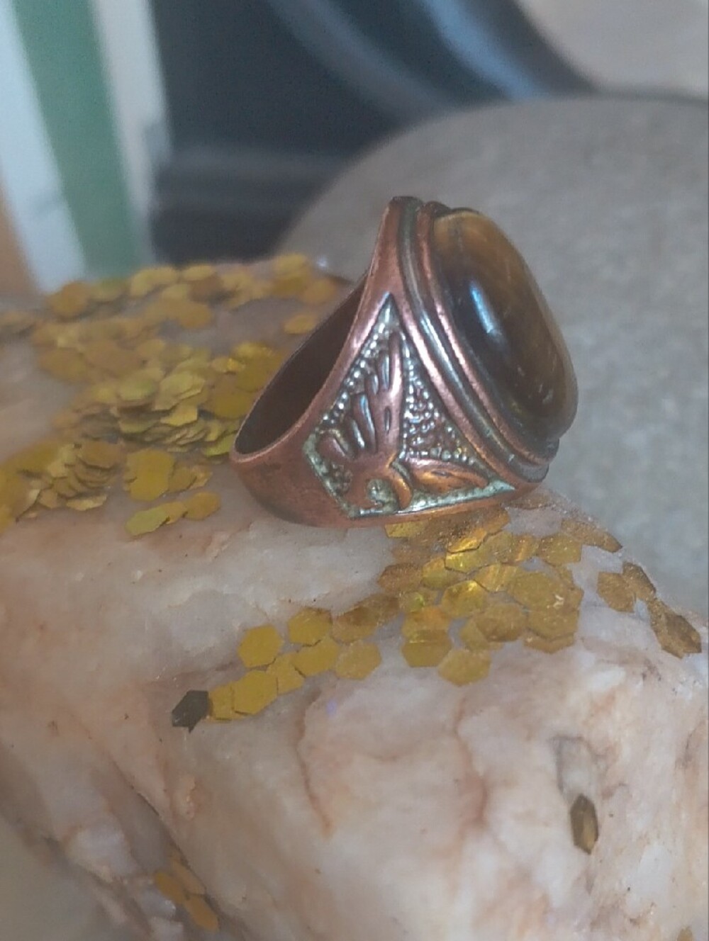 Tiger Eye Statement Ring in Brown and Gold - Picture 3 of 9